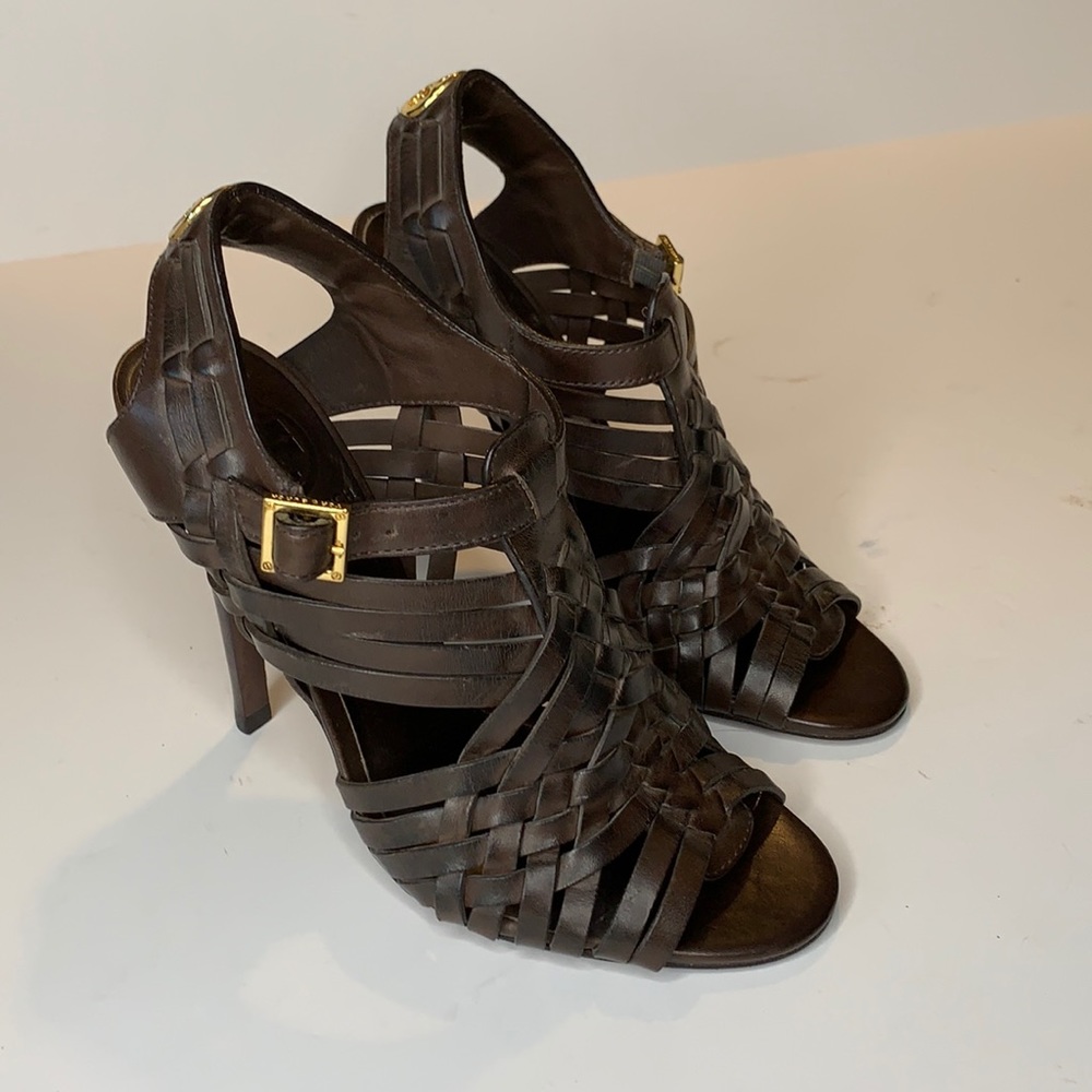 Tory Burch Brown Heeled Sandals with Gold Buckle